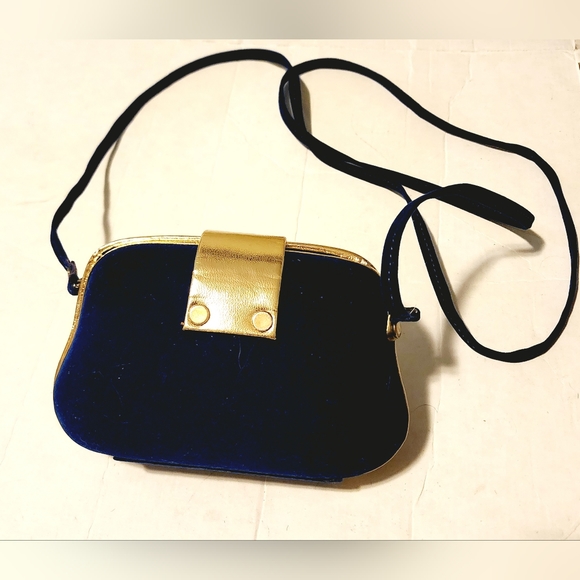 Royal Blue faux velvet with gold accents crossbody formal clutch purse - Picture 2 of 6